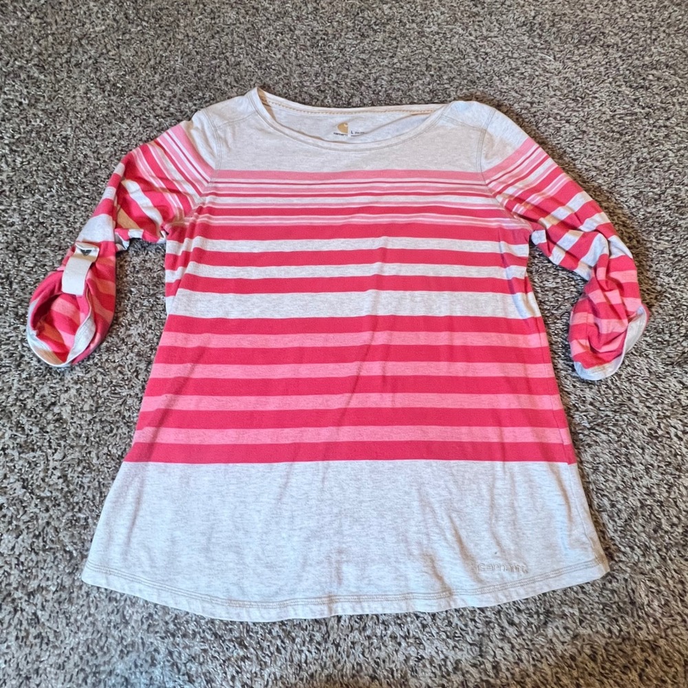 Carhartt‎ Womens Pink Striped Roll Tab Long Sleeve Shirt Size L 12-14 Casual Top